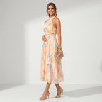 Maxikleid für Damen in A-Linie aus Chiffon mit Blumenprint Koralle 3