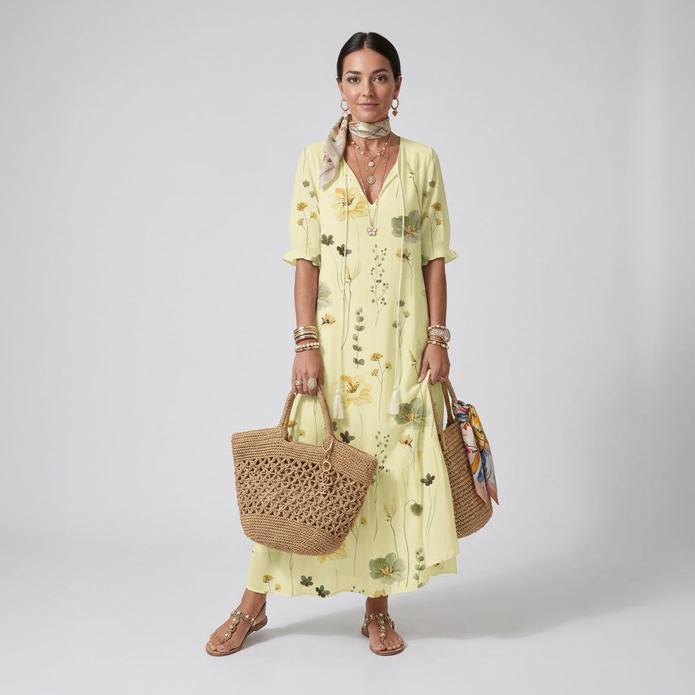 Maxikleid für Damen in A-Linie mit Blumenprint Gelb 4