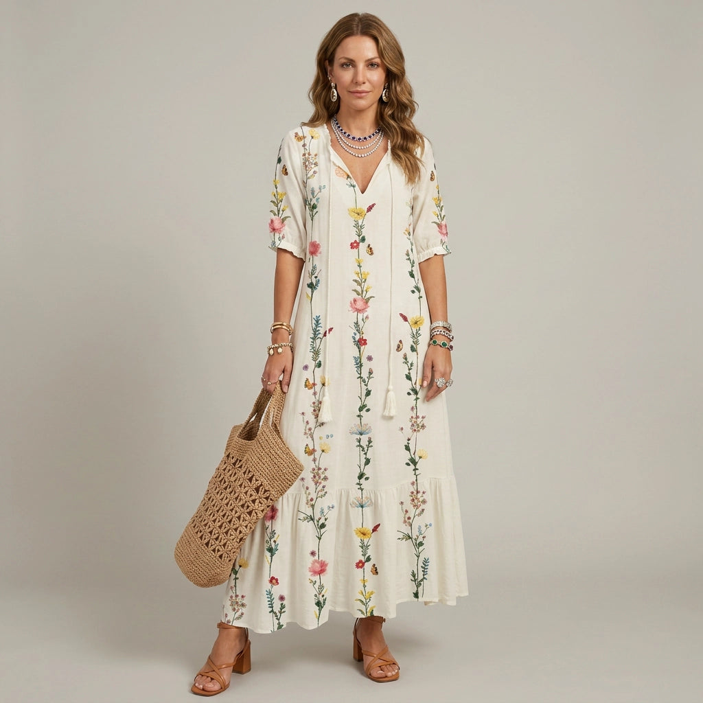 Maxikleid für Damen in A-Linie mit Blumenprint Beige 5
