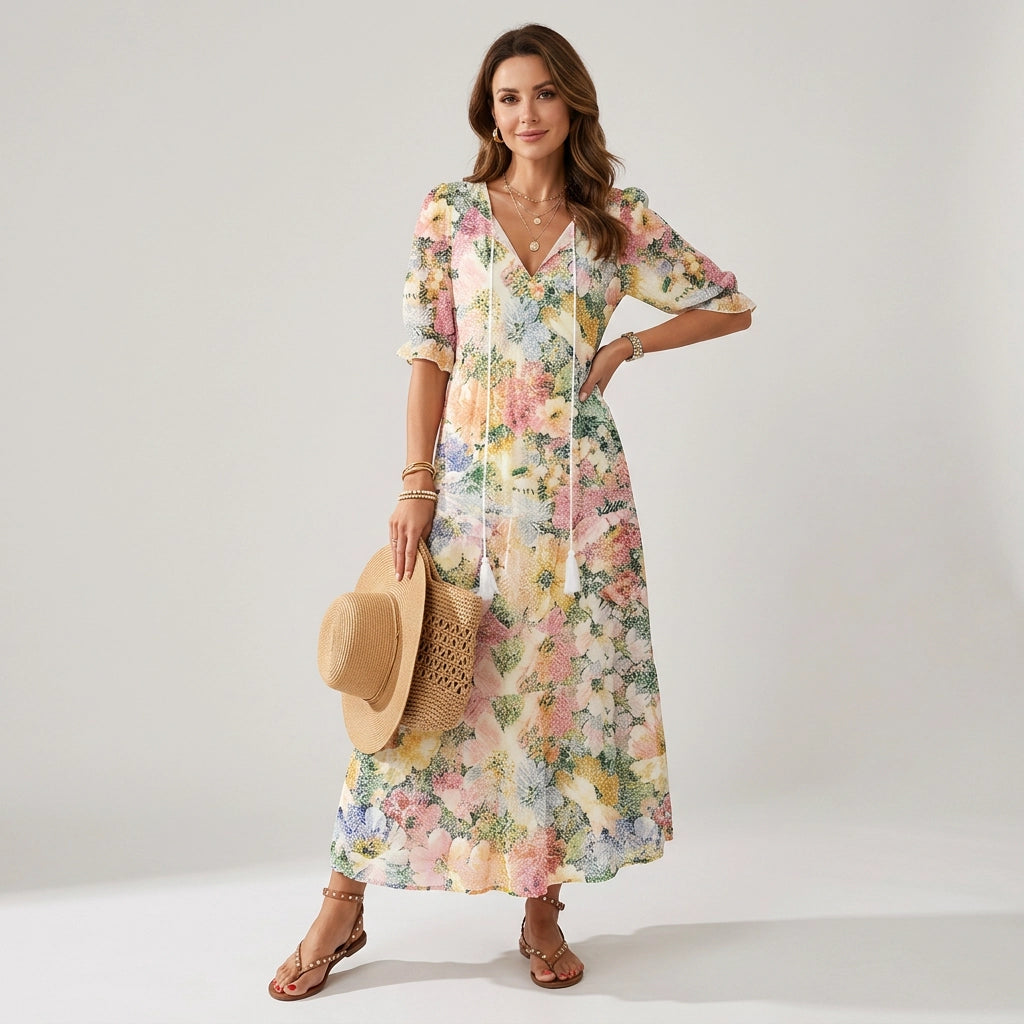 Maxikleid für Damen in A-Linie mit Blumenprint Beige 6
