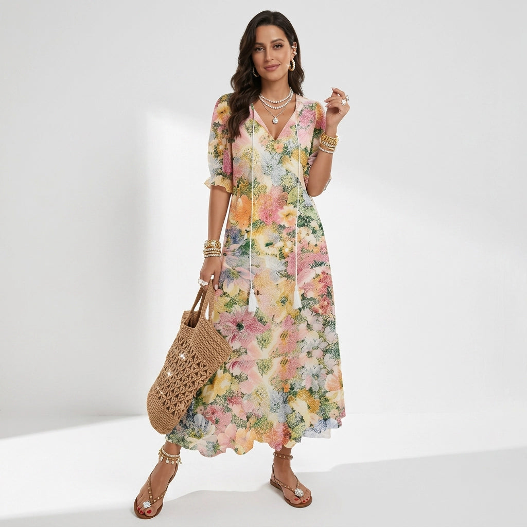 Maxikleid für Damen in A-Linie mit Blumenprint Beige 7