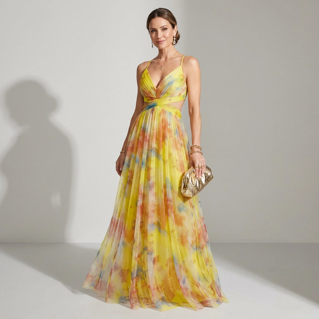 Maxikleid für Damen in A-Linie mit Cut Out in Blumenprint Gelb 1