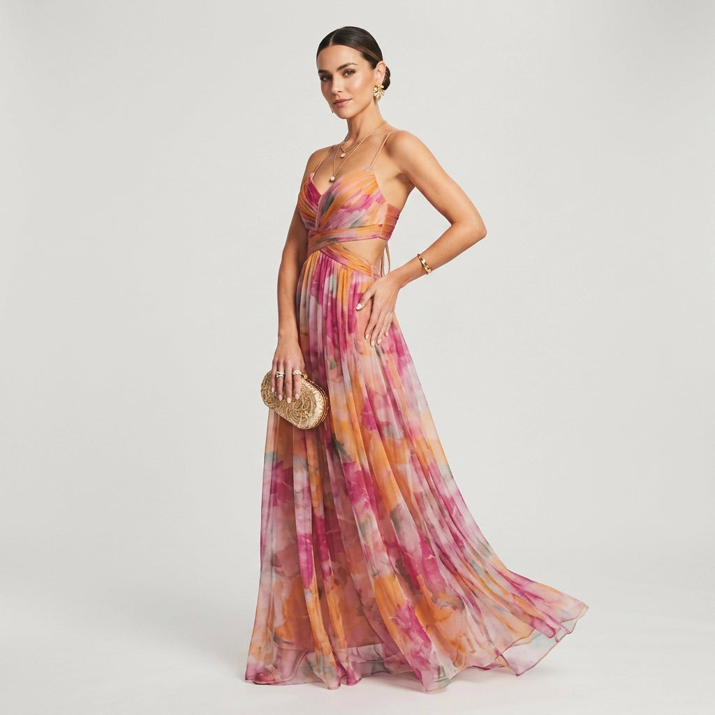 Maxikleid für Damen in A-Linie mit Cut Out in Blumenprint Orange 4