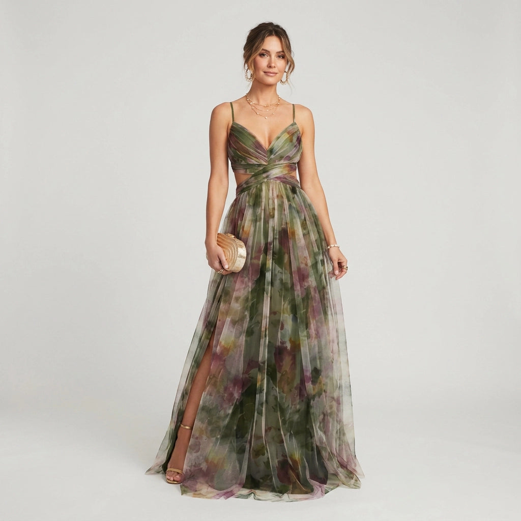 Maxikleid für Damen in A-Linie mit Cut Out in Blumenprint Grün 5