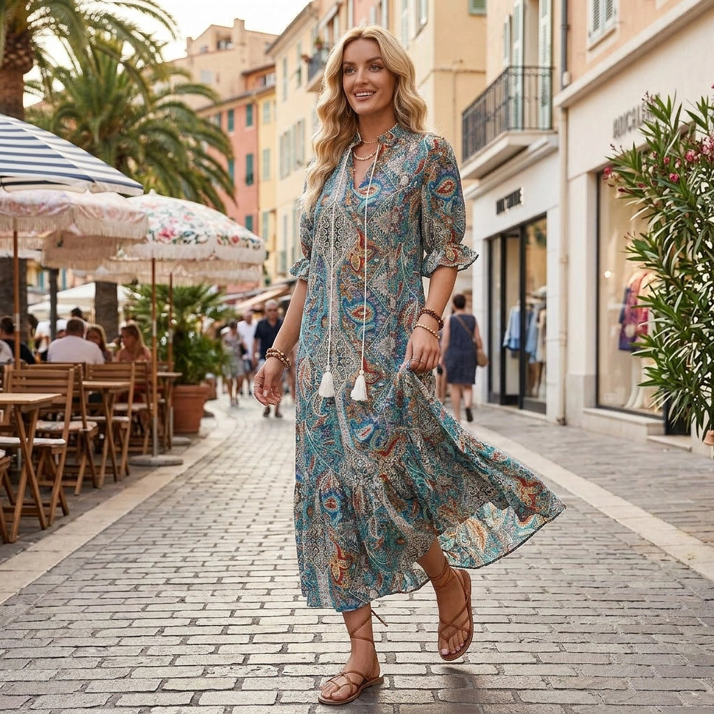 Maxikleid für Damen in A-Linie mit Halbarm und Stehkragen 1