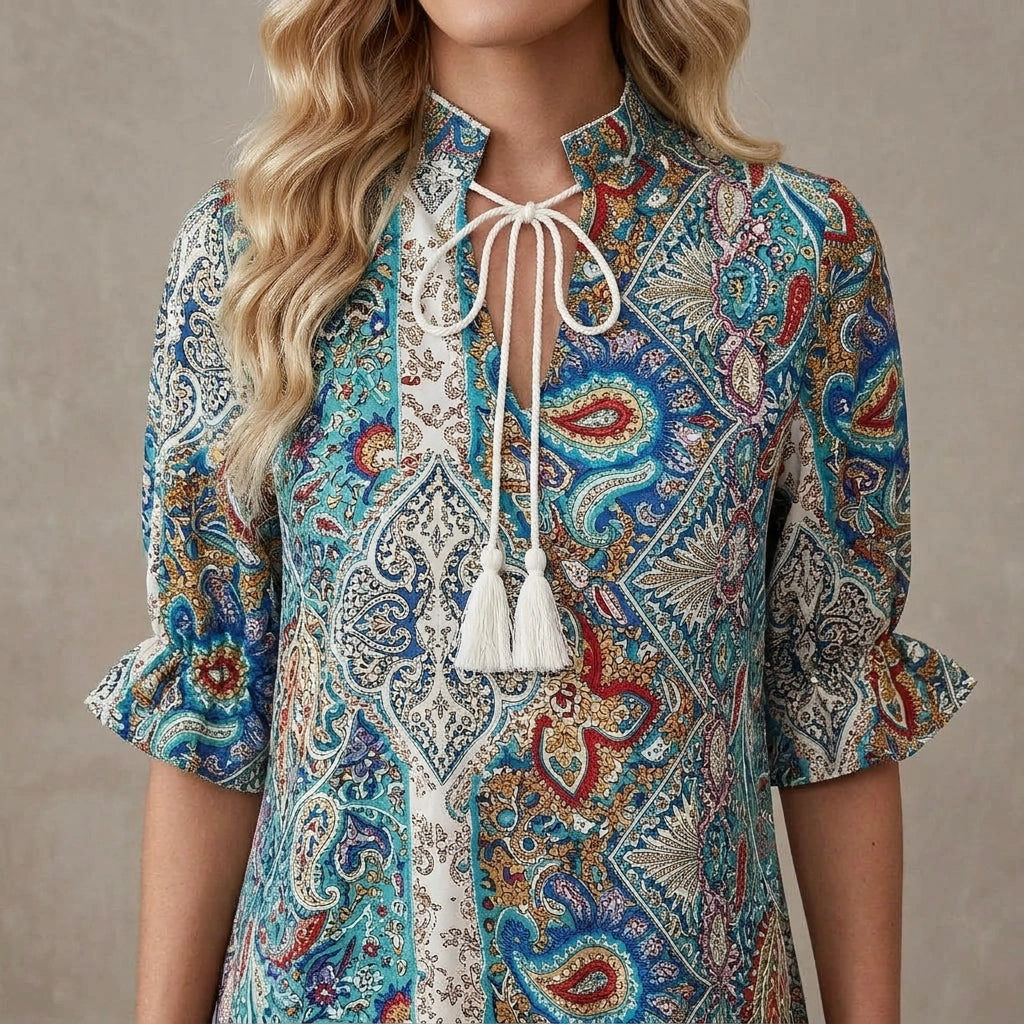 Langes Boho Sommerkleid mit Paisley Muster und Halbarm