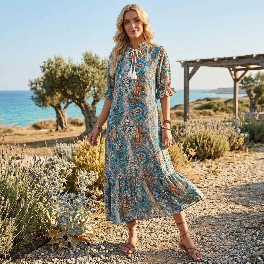 Langes Boho Sommerkleid mit Paisley Muster und Halbarm