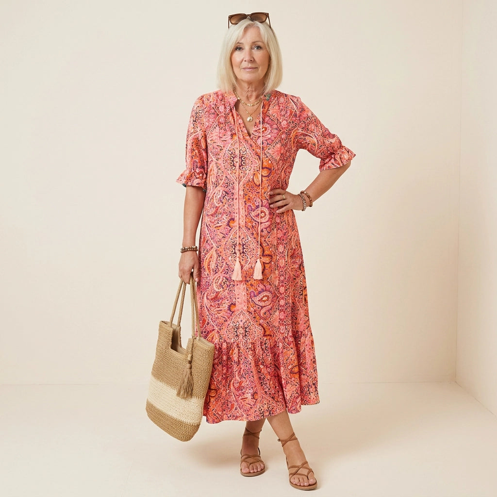 Maxikleid für Damen in A-Linie mit Halbarm und Stehkragen Rot 3