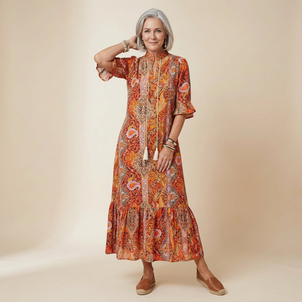 Maxikleid für Damen in A-Linie mit Halbarm und Stehkragen Orange 4