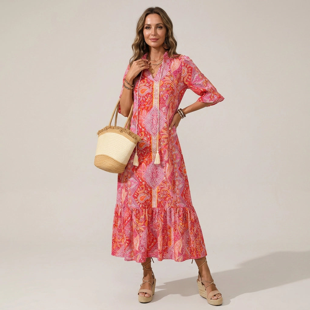 Maxikleid für Damen in A-Linie mit Halbarm und Stehkragen Rosa 5