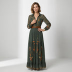 Maxikleid für Damen in A-Linie mit Langarm und mit Knöpfen 1
