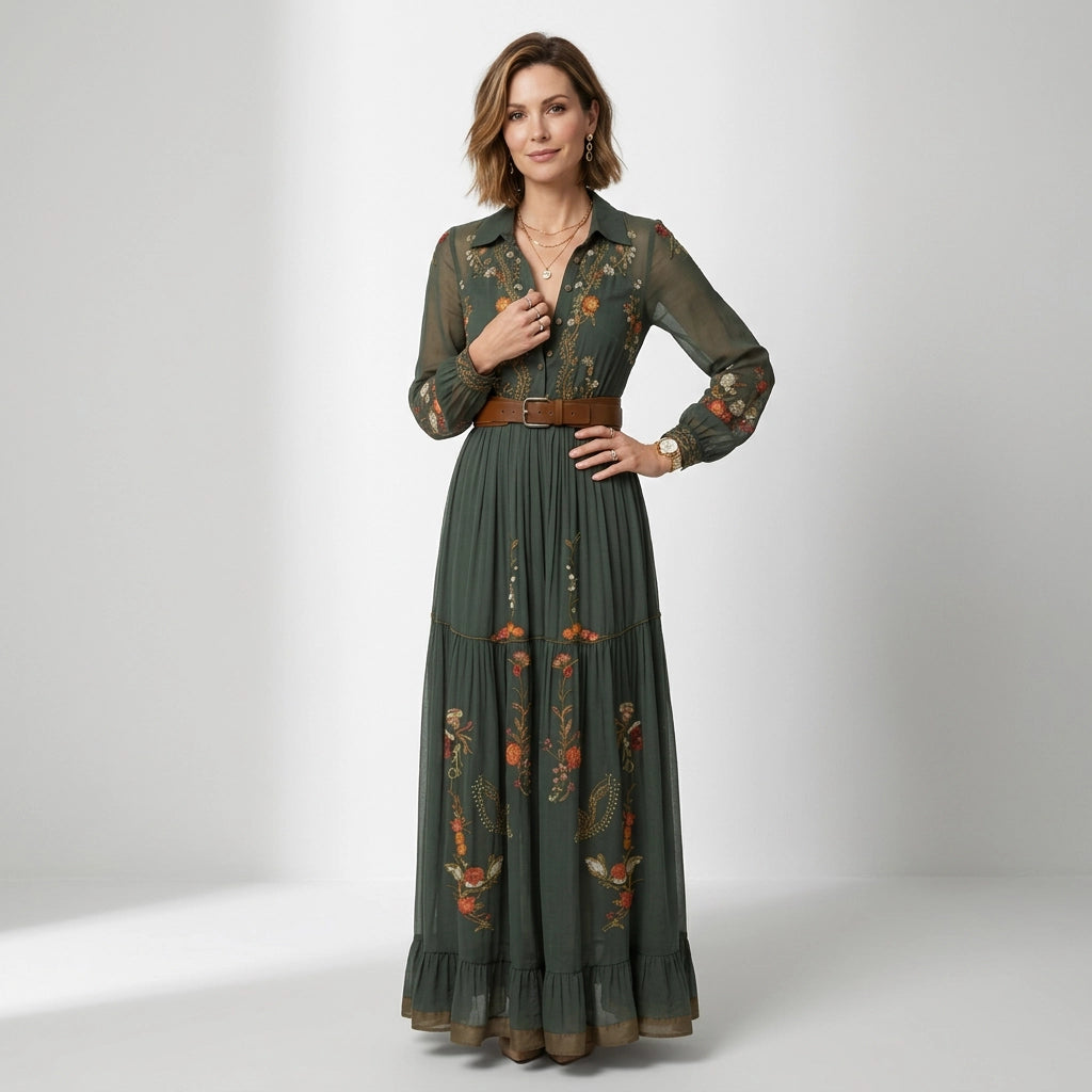 Maxikleid für Damen in A-Linie mit Langarm und mit Knöpfen 1