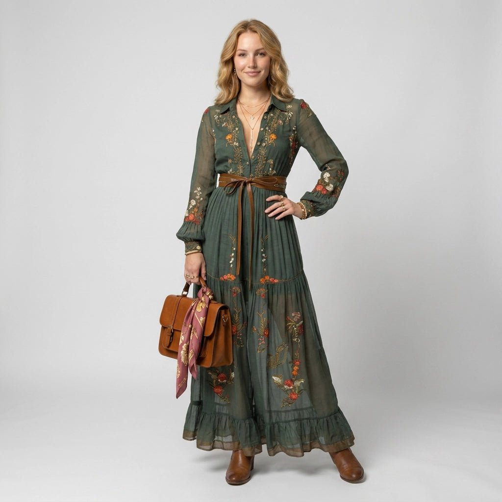 Maxikleid für Damen in A-Linie mit Langarm und mit Knöpfen 2