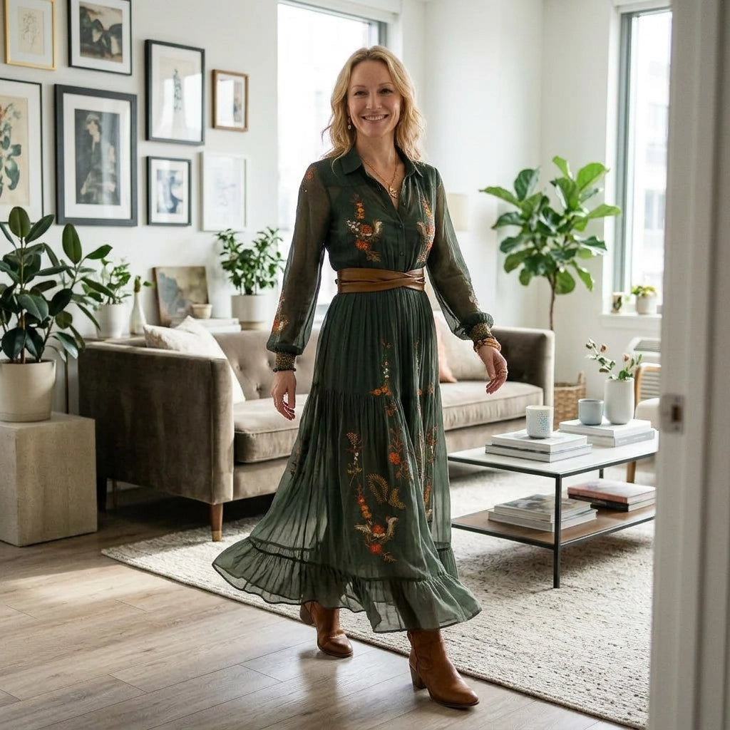 Maxikleid für Damen in A-Linie mit Langarm und mit Knöpfen 4