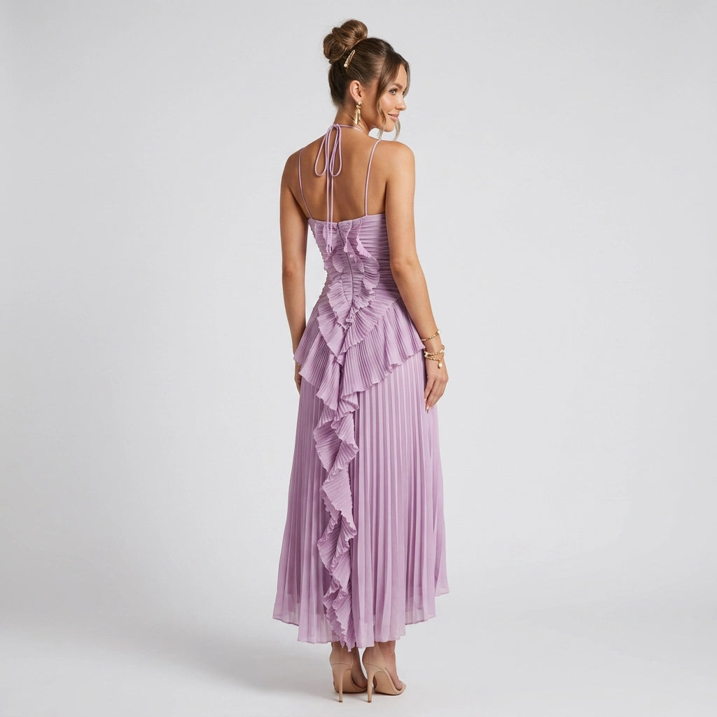 Maxikleid für Damen in A-Linie mit Plissee ärmellos Flieder 1
