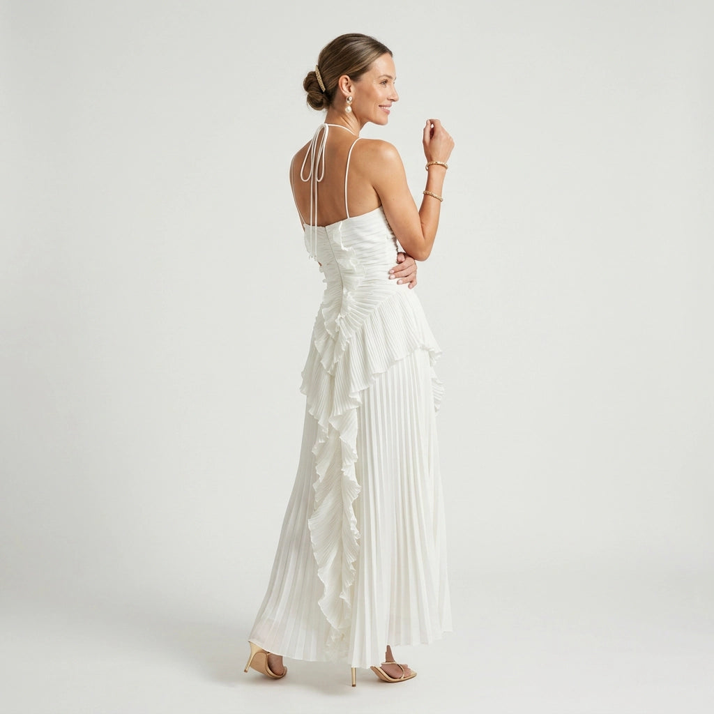 Maxikleid für Damen in A-Linie mit Plissee ärmellos Weiß 2