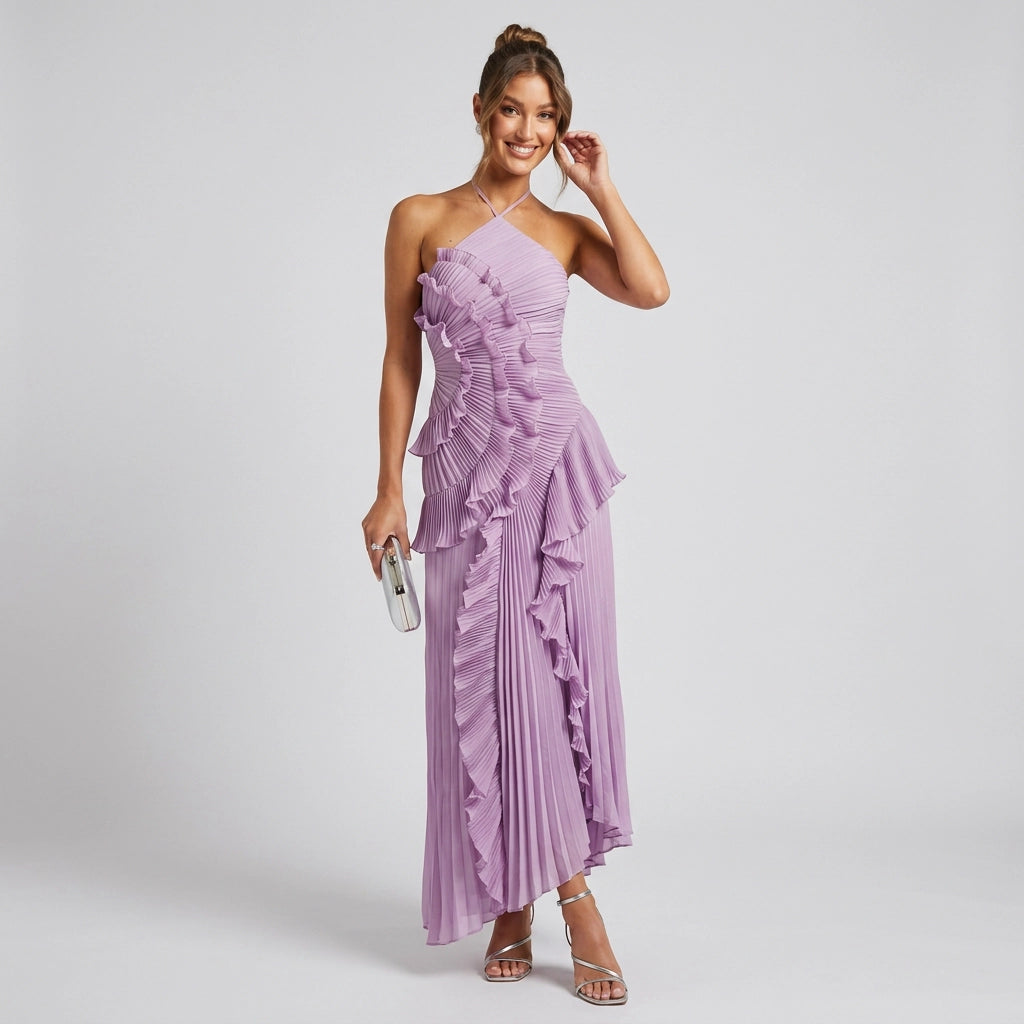 Maxikleid für Damen in A-Linie mit Plissee ärmellos Flieder 3