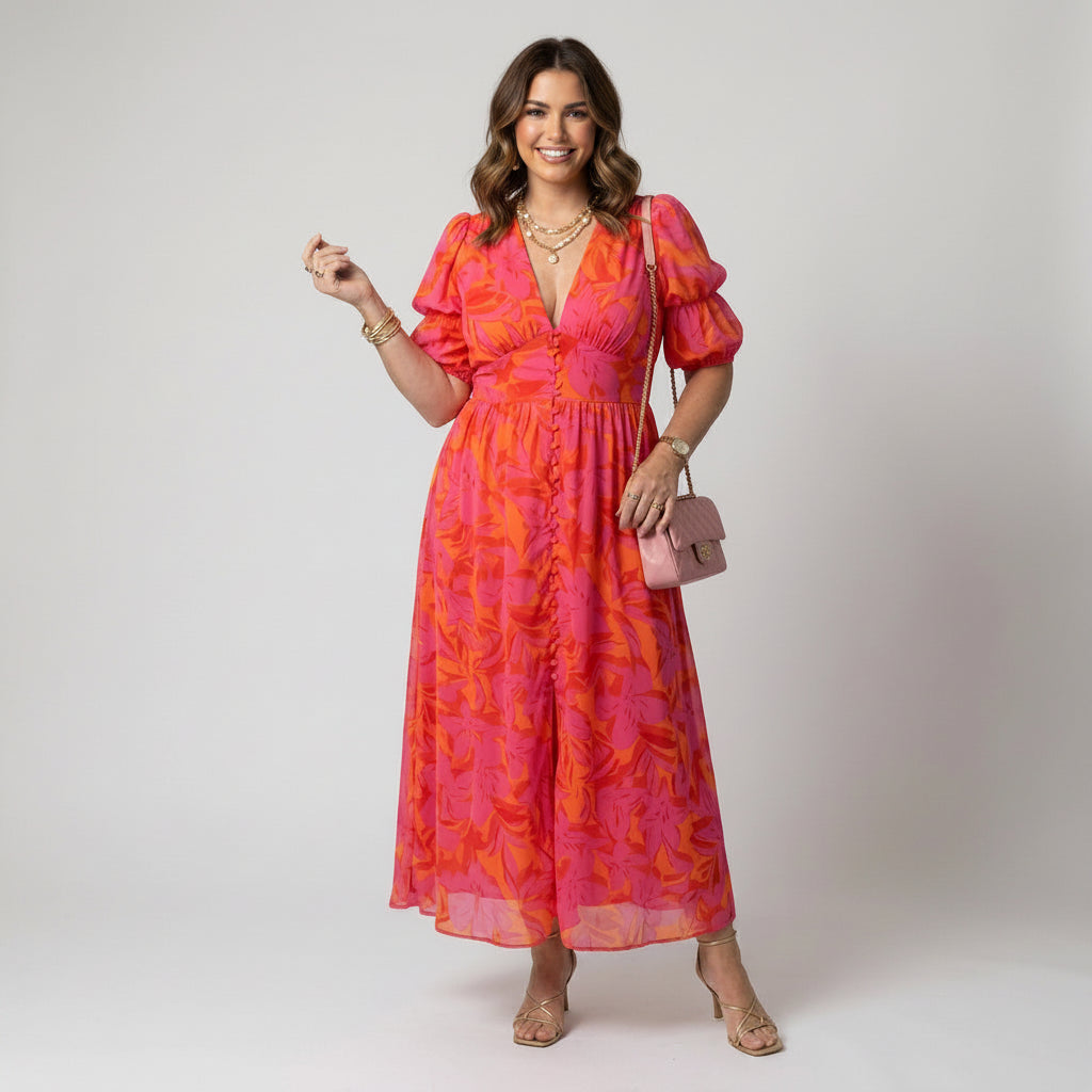 Maxikleid für Damen in A-Linie mit Puffärmeln im V-Ausschnitt Rosa 2