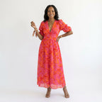Maxikleid für Damen in A-Linie mit Puffärmeln im V-Ausschnitt Rosa 3