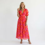 Maxikleid für Damen in A-Linie mit Puffärmeln im V-Ausschnitt Rosa 4