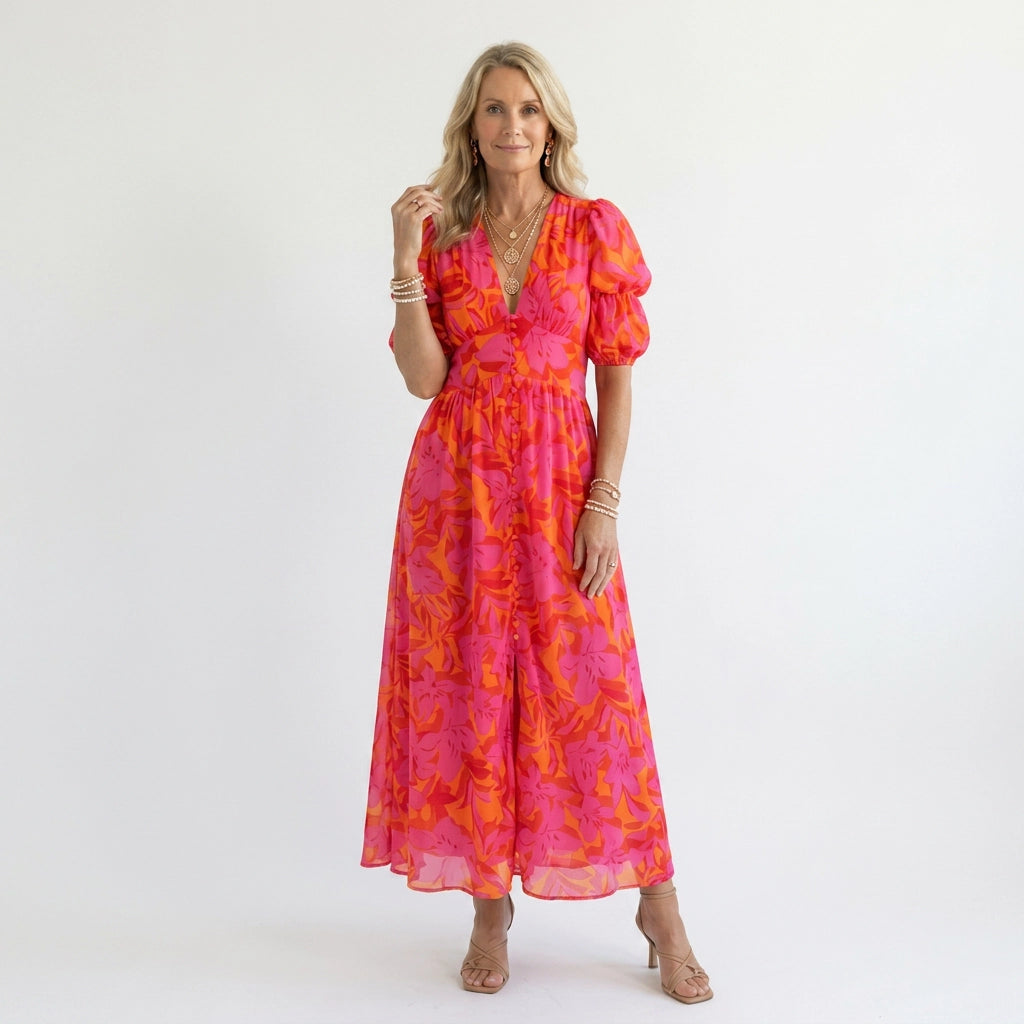 Maxikleid für Damen in A-Linie mit Puffärmeln im V-Ausschnitt Rosa 4