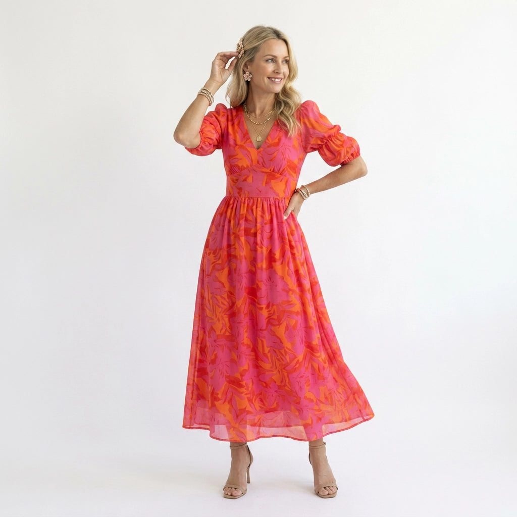 Maxikleid für Damen in A-Linie mit Puffärmeln im V-Ausschnitt Rosa 5