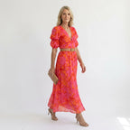 Maxikleid für Damen in A-Linie mit Puffärmeln im V-Ausschnitt Rosa 6