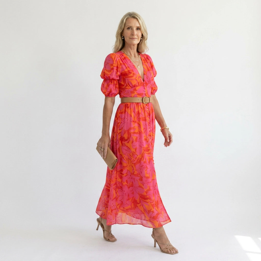 Maxikleid für Damen in A-Linie mit Puffärmeln im V-Ausschnitt Rosa 6