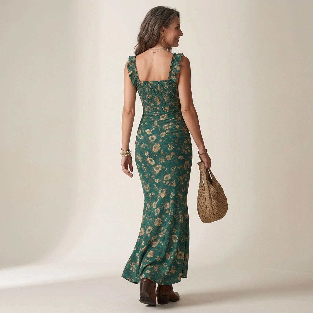 Maxikleid für Damen in A-Linie mit Rüschen im Blumenprint Grün 2
