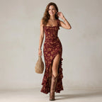 Maxikleid für Damen in A-Linie mit Rüschen im Blumenprint Bordeaux 4