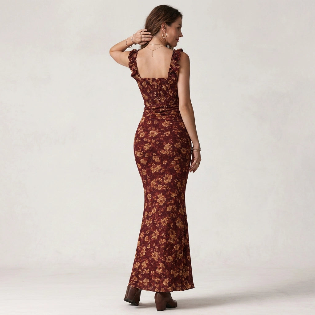 Maxikleid für Damen in A-Linie mit Rüschen im Blumenprint Bordeaux 5