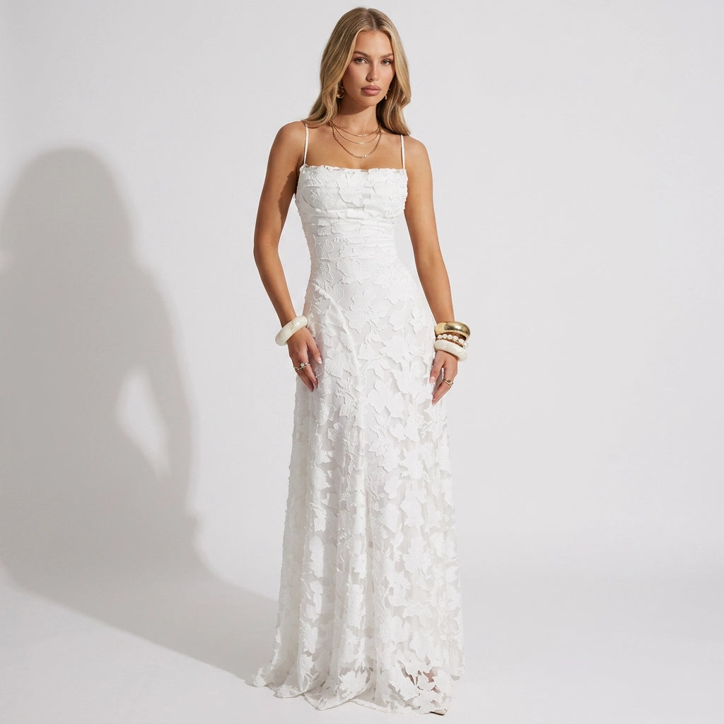 Maxikleid für Damen in A-Linie mit Spitze im eleganten Stil Weiß 1