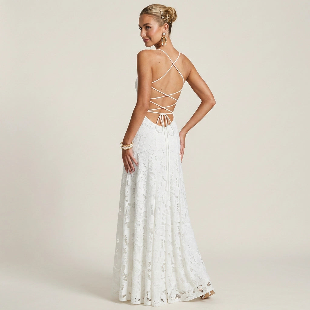 Maxikleid für Damen in A-Linie mit Spitze im eleganten Stil Weiß 2