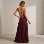 Maxikleid für Damen in A-Linie mit Spitze im eleganten Stil Dunkelrot 3