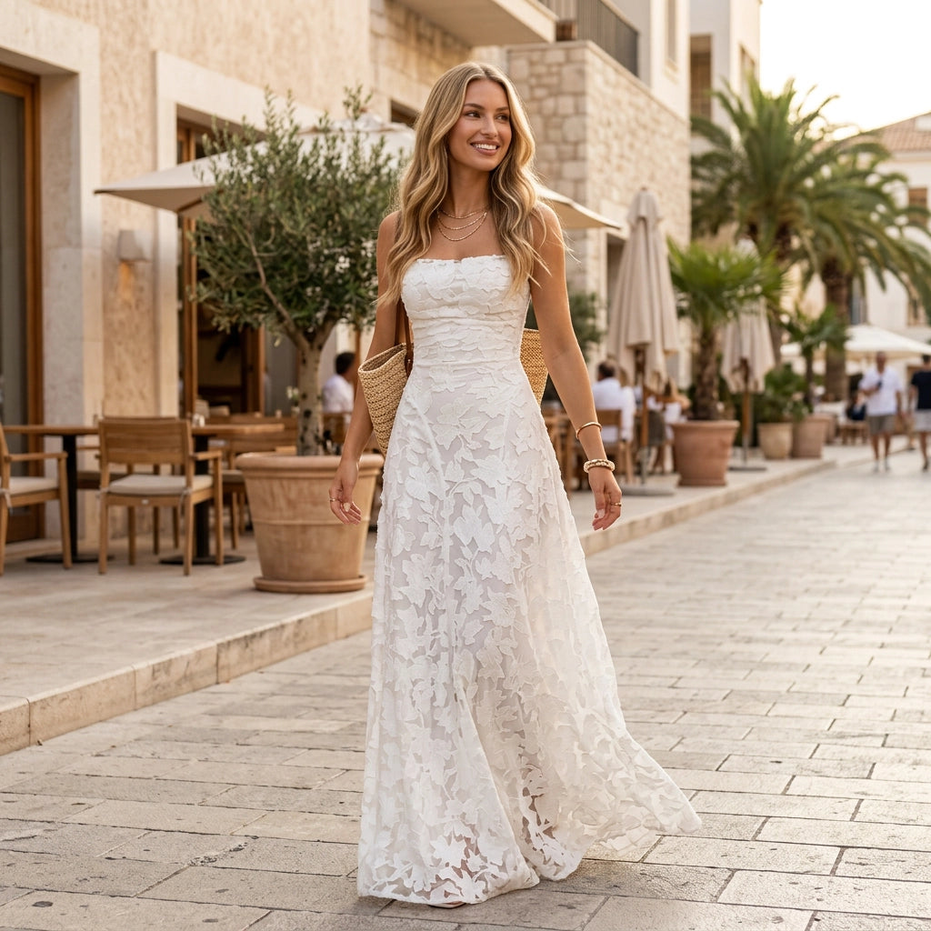 Maxikleid für Damen in A-Linie mit Spitze im eleganten Stil Weiß 5