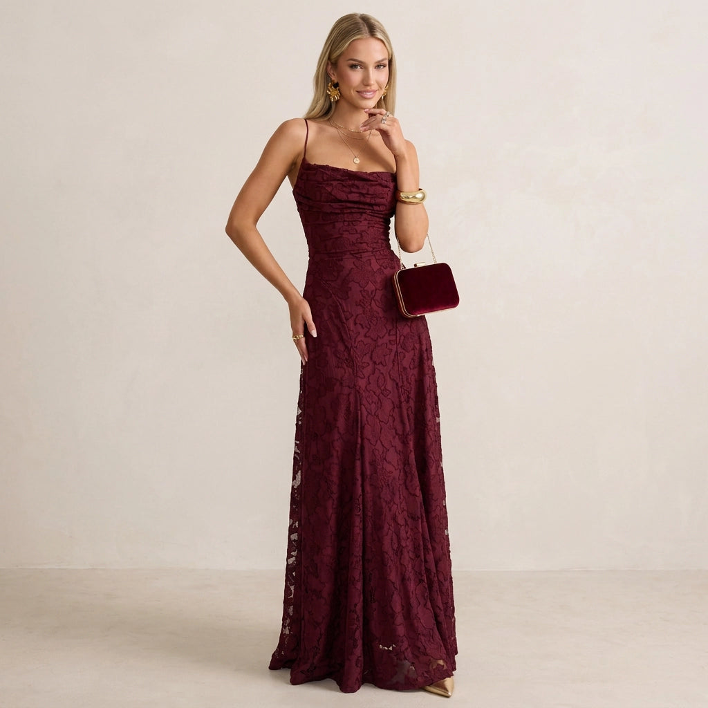 Maxikleid für Damen in A-Linie mit Spitze im eleganten Stil Dunkelrot 6