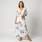 Maxikleid für Damen in A-Linie mit V-Ausschnitt in Blumenprint Weiß 1