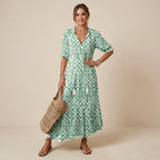 Maxikleid für Damen in A-Linie mit V-Ausschnitt in Blumenprint Grün 2