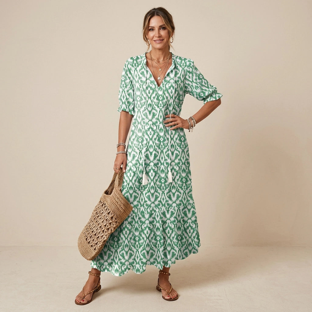Maxikleid für Damen in A-Linie mit V-Ausschnitt in Blumenprint Grün 2