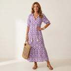 Maxikleid für Damen in A-Linie mit V-Ausschnitt in Blumenprint Lila 3
