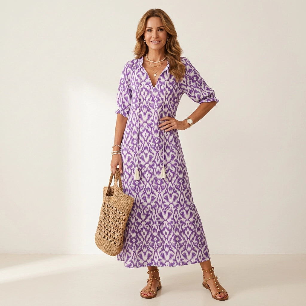 Maxikleid für Damen in A-Linie mit V-Ausschnitt in Blumenprint Lila 3