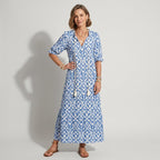 Maxikleid für Damen in A-Linie mit V-Ausschnitt in Blumenprint Blau 4