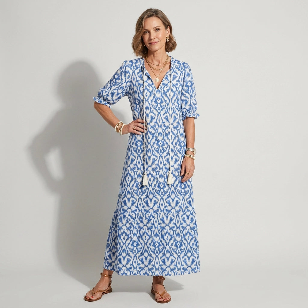 Maxikleid für Damen in A-Linie mit V-Ausschnitt in Blumenprint Blau 4