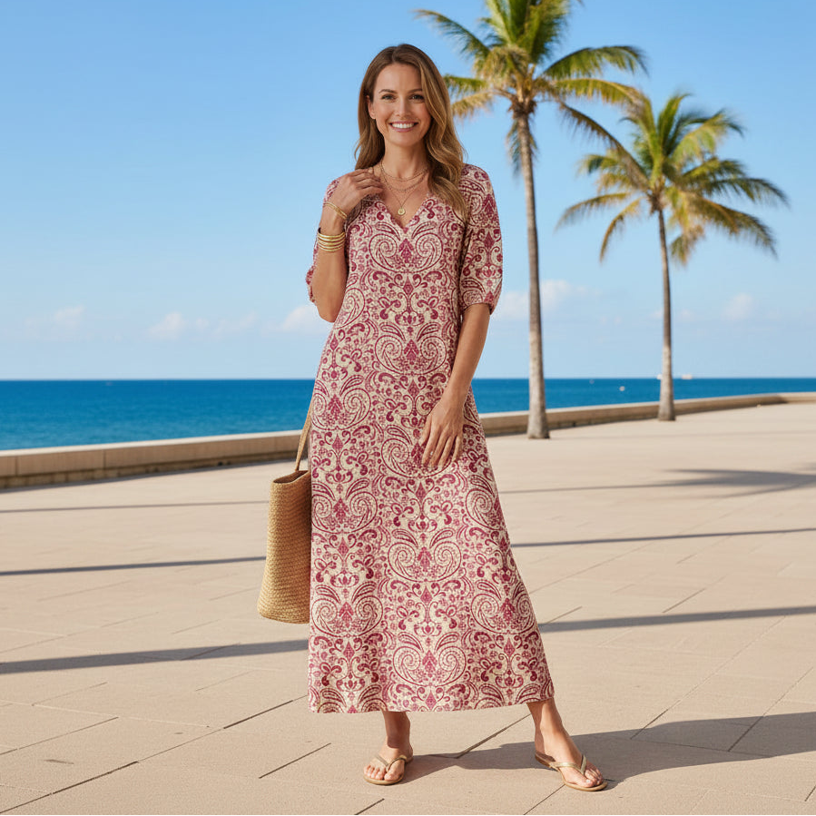 Maxikleid für Damen in A-Linie mit V-Ausschnitt in Blumenprint Rot 6