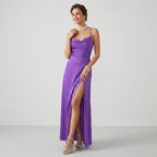 Maxikleid für Damen in A-Linie mit Wasserfallausschnitt aus Satin Lila 10