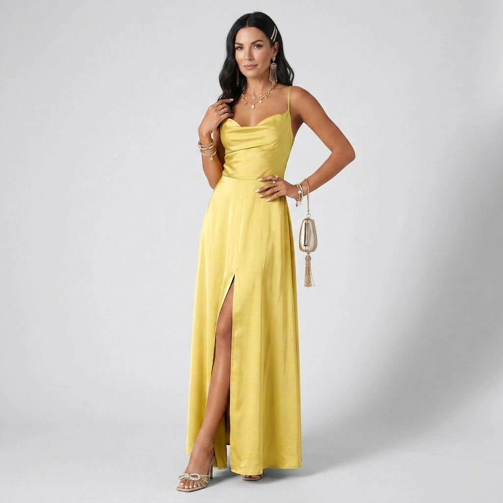 Maxikleid für Damen in A-Linie mit Wasserfallausschnitt aus Satin Gelb 11