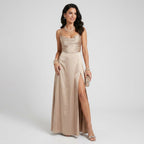 Maxikleid für Damen in A-Linie mit Wasserfallausschnitt aus Satin Beige 12
