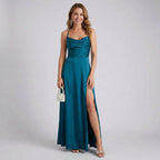 Maxikleid für Damen in A-Linie mit Wasserfallausschnitt aus Satin Dunkelblau 13