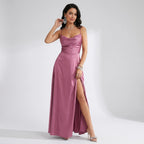 Maxikleid für Damen in A-Linie mit Wasserfallausschnitt aus Satin Rosa 14