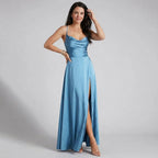 Maxikleid für Damen in A-Linie mit Wasserfallausschnitt aus Satin Hellblau 2